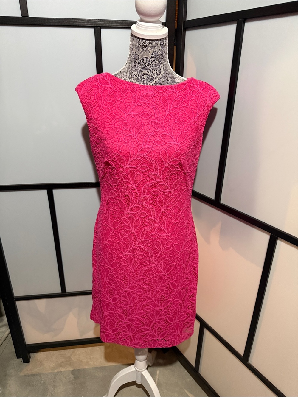 Chaps Bright Pink Lace Sheath Mini Dress